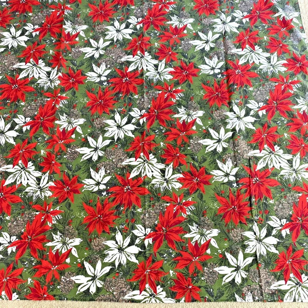 Vintage Christmas Tablecloth 50” Square Poinsettias & Pine Cones Retro 1970's